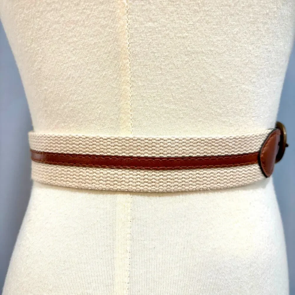 VTG Boho Striped Woven Cream Cotton Tan Leather Belt Coastal Preppy Utility S